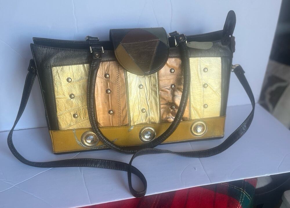 VTG 70s Michelle Shoulder Bag Multicolor Patchwork Leather Studded Frame Purse